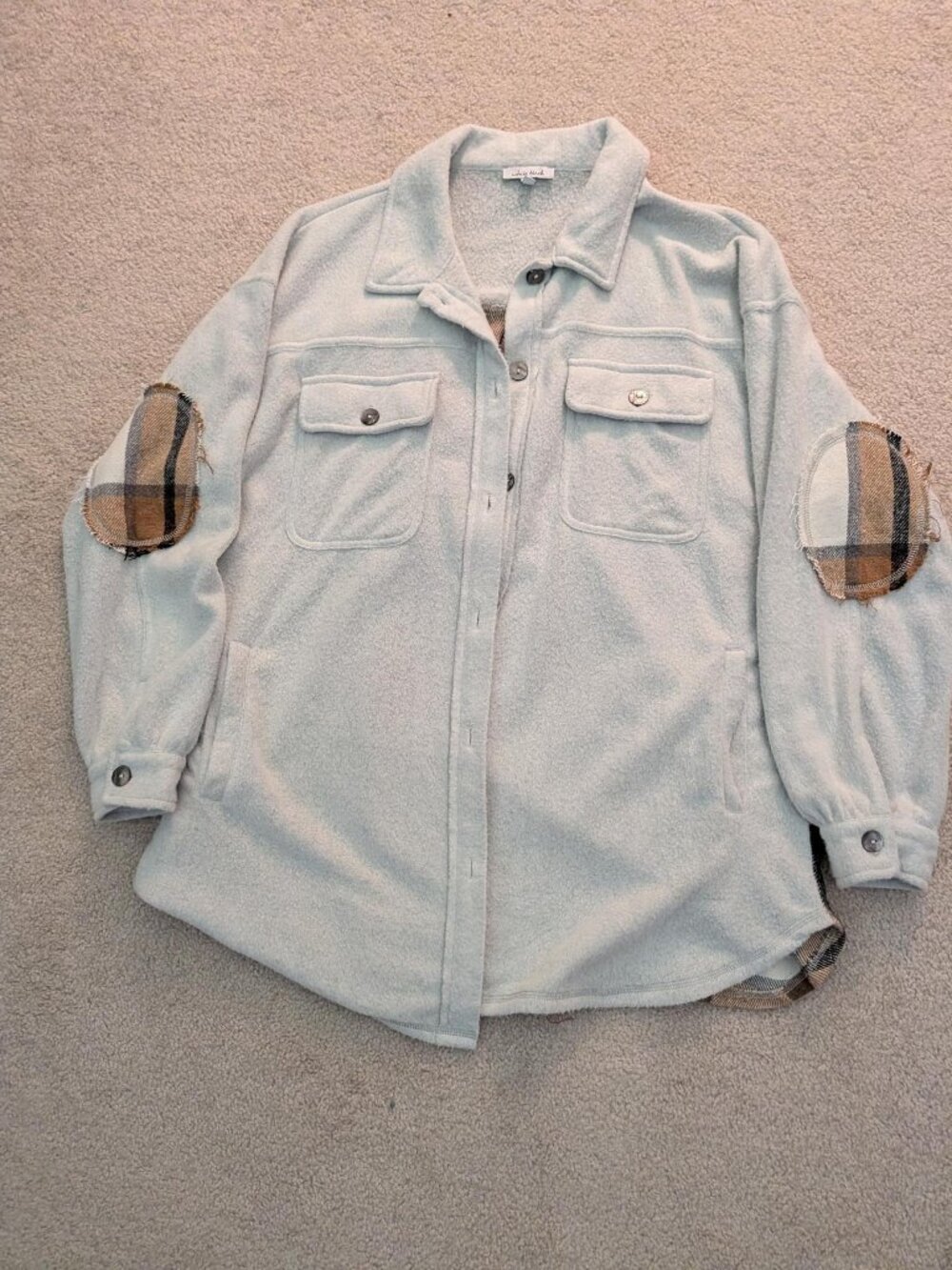 EC, Small White Birch Button Down shirt/shacket with flannel on sleeve & back